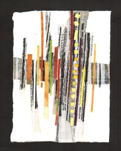 Ethel Hills - Mixed Media Collage - Black & White on white background with bits of gold & red